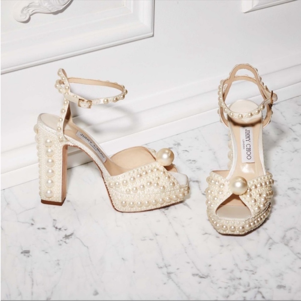 New Jimmy Choo Sacaria 120 White Platform Sandals with All-Over Pearl 39.5